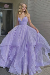 Princess Lavender Tiered Spaghetti Straps Long Prom Dress