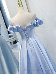 Blue A Line Off Shoulder Long Semi Formal Prom Dress, Blue Evening Dress