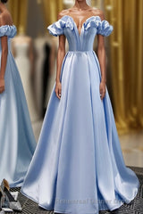 Blue A Line Off Shoulder Long Semi Formal Prom Dress, Blue Evening Dress