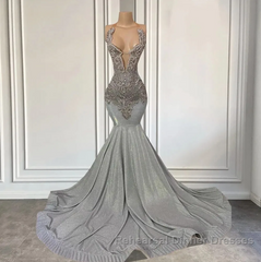 Silver Halter Mermaid Semi Formal Prom Dresses with Beadings