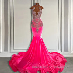Sleeveless Velvet Mermaid Style Dresses with Beadings in Pink Barbie Color