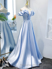 Blue A Line Off Shoulder Long Semi Formal Prom Dress, Blue Evening Dress