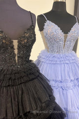 Lilac Floral Layers Spaghetti Straps Lonh Semi Formal Prom Dress