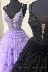 Lilac Floral Layers Spaghetti Straps Lonh Semi Formal Prom Dress