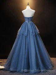 Blue Sweetheart Neck Tulle Long Semi Formal Prom Dress, Blue Evening Dress