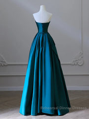 Simple Blue Satin Strapless Semi Formal Prom Dress
