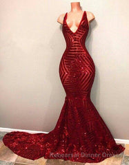Red Sequins Shiny V-Neck Mermaid Long Semi Formal Prom Dresses