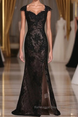 Black Off The Shoulder Sheath Semi Formal Prom Dresses Lace&Tulle Floor Length With Applique & Slit