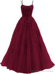 Womens Lace Appliques Prom Dresses Long Spaghetti Strap Ball Gowns Tulle Formal Dresses for Party