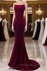 Simple Velvet Mermaid Burgundy Long Semi Formal Prom Dresses, Burgundy Long Formal Dresses