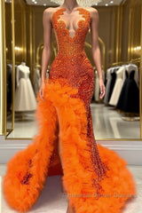 Orange Sleeveless Mermaid Semi Formal Prom Dresses with Side Slit and Tulle Beadings