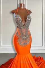 Sleeveless V-Neck Halter Mermaid Semi Formal Prom Dresses With Beadings