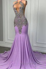 Long Lilac Sleeveless Halter Mermaid Semi Formal Prom Dresses With Beadings