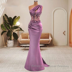 Lilac One Shoulder Mermaid Semi Formal Prom Dresses with Beads