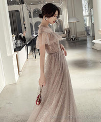 Champagne Tulle Sequin Long Prom Dress Tulle Formal Dress
