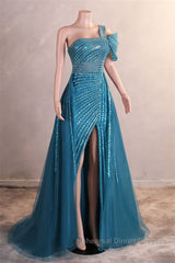 One-Shoulder Beading Sweep Train Backless Evening Dresses