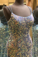 Double Straps Lace-Up Sequins Long Semi Formal Prom Dresses with Slit