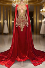 Mermaid Semi Formal Prom Dresses with Red Scoop Neckline and Beadings Cape