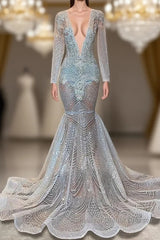 Mermaid Semi Formal Prom Dresses with Deep V-Neck Long Sleeves Beadings