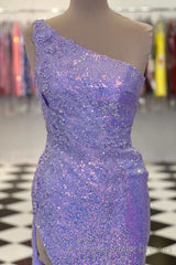One-Shoulder Sequins Long Semi Formal Prom Dress with Floral Appliques