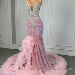 Pink Halter Mermaid Semi Formal Prom Dresses with Sequins Beadings and Tulle Ruffle