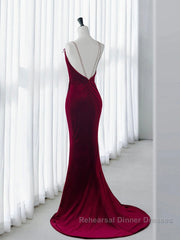 Simple Velvet Mermaid Burgundy Long Semi Formal Prom Dresses, Burgundy Long Formal Dresses