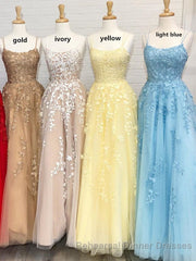 Princess Straps Long Semi Formal Prom Dress with Lace Appliques