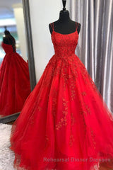 Princess Straps Long Semi Formal Prom Dress with Lace Appliques