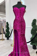 Fuchsia Sequin Strapless Mermaid Long Semi Formal Prom Dress with Slit