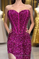 Fuchsia Sequin Strapless Mermaid Long Semi Formal Prom Dress with Slit
