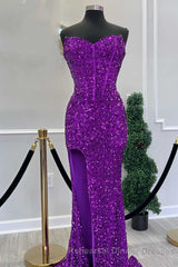Fuchsia Sequin Strapless Mermaid Long Semi Formal Prom Dress with Slit