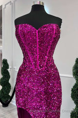 Fuchsia Sequin Strapless Mermaid Long Semi Formal Prom Dress with Slit