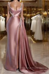 Glamorous Pink Semi Formal Prom Dresses Sweetheart Spaghetti Strap With High Slit Trail