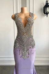 Lilac Mermaid Semi Formal Prom Dresses with Scoop Neckline Sleeveless and Crystal Beadings