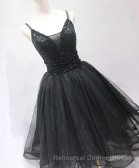 Black Tulle Beads Short Semi Formal Prom Dress, Black Homecoming Dress