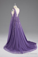 A-line V-Neck Lace Appliques Long Semi Formal Prom Dress