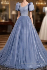 Ball Gown Dusty Blue Semi Formal Prom Dress with Bubble Sleeves