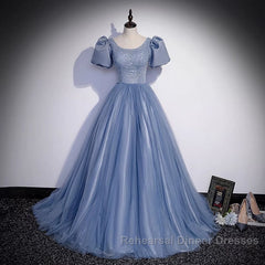 Ball Gown Dusty Blue Semi Formal Prom Dress with Bubble Sleeves