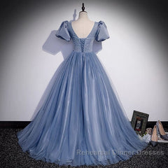 Ball Gown Dusty Blue Semi Formal Prom Dress with Bubble Sleeves