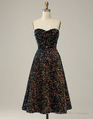 Black A-Line Tea Length Strapless Glitter Sequin Party Dress