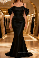 Black Off The Shoulder Criss-Cross Back Long Satin Semi Formal Prom Dress