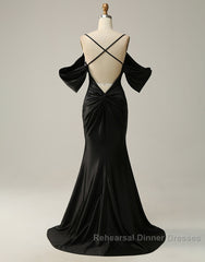 Black Off The Shoulder Criss-Cross Back Long Satin Semi Formal Prom Dress