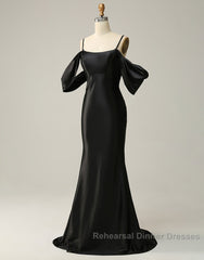Black Off The Shoulder Criss-Cross Back Long Satin Semi Formal Prom Dress
