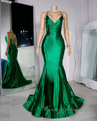 Satin Trumpet V-Neck Spaghetti Straps Semi Formal Prom Evening Dress For Black Girls