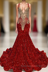 Red Sequins Mermaid Semi Formal Prom Dresses Sleeveless With Crystal