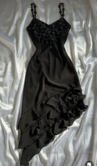 Black Vintage Spaghetti Straps Chiffon Appliques Flower  Semi Formal Prom Dresses