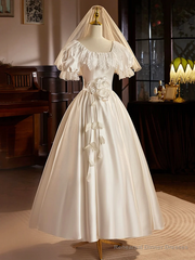 White Satin Short Sleeves Tea Length Lace Retro A-Line Prom Dress