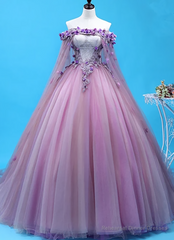 Light Purple Tulle Long Sweet 16 Gown Flowers Quinceanera Prom Dress
