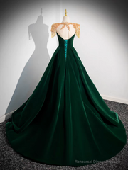 Dark Green Velvet Prom Dress Vintage Gold Beaded Neckline Evening Gown