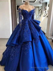 Sparkly Beading Ball Gown Satin Royal Blue Prom Dress with Sleeves Quinceanera Dress